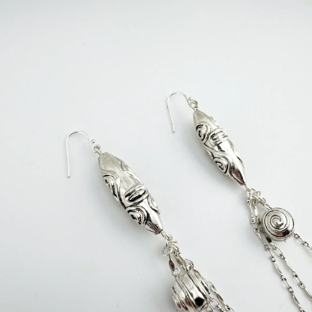Silver Dangle Earrings Boho Swirl‎ Bead Drop Long Statement